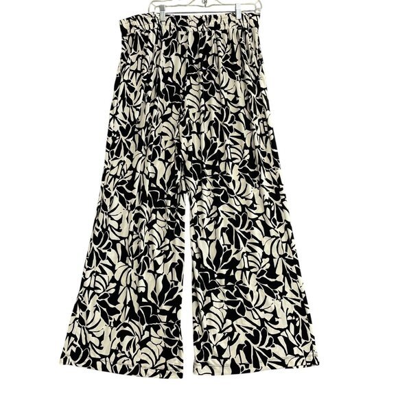 NWO Three Dots Loose-Fit Black & White Leaf Print Flare Leg Pants XL Polyester - Picture 6 of 11